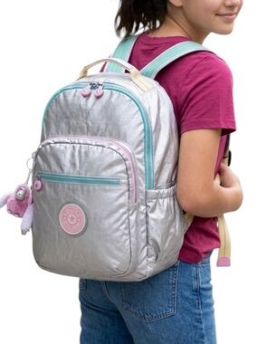 Kipling Seoul Large Laptop Backpack Glitter Fun Silver Metallic, Girls, Women